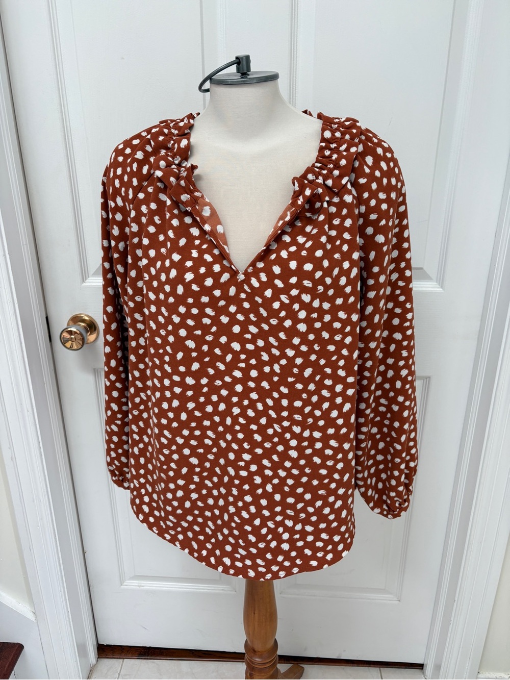 J. Crew Rust and White Spot Ruffle V-Neck Blouse